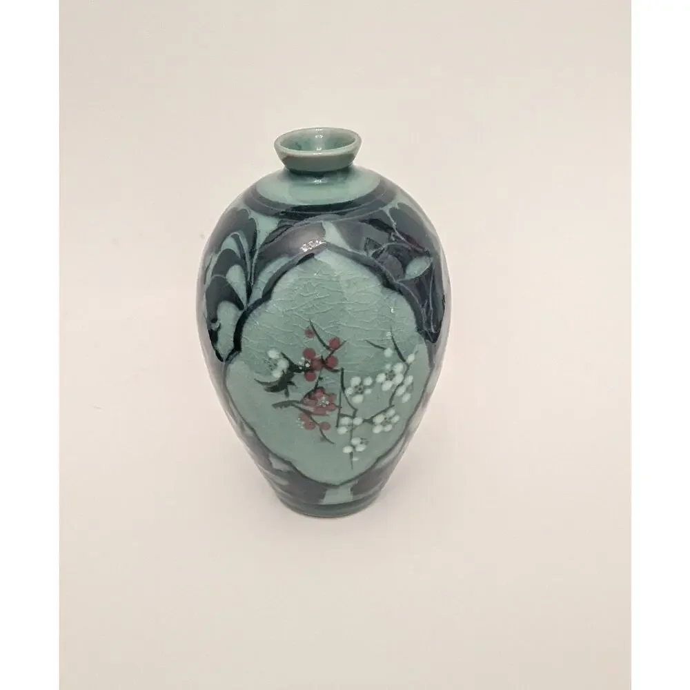 Celadon Green Japanese Cherry Plum Blossom Vase W Crazing Leaf Design 7.5